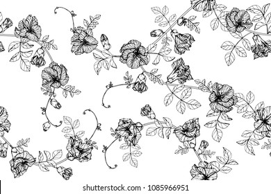 Seamless flower pattern background with Butterfly pea flower and leaf drawing illustration.
