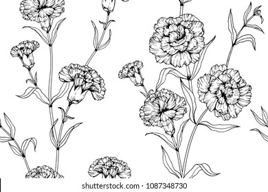 Seamless flower pattern background with Carnation flower and leaf drawing illustration.