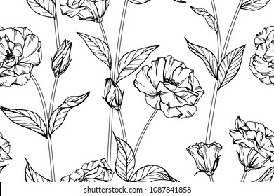 Seamless flower pattern background with Eustoma flower and leaf drawing illustration.