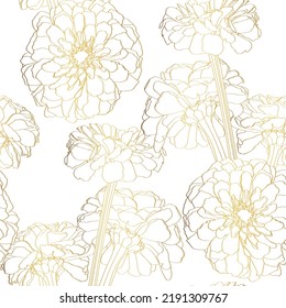 Fondo de estampado de flores sin foco con la línea dorada de zinnia flor y dibujo de hojas.
