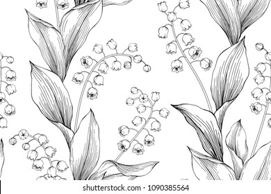 Seamless flower pattern background with Lily of the valley flower and leaf drawing illustration.