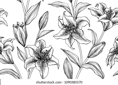 Seamless Flower Pattern Background With Lily Flower And Leaf Drawing Illustration.