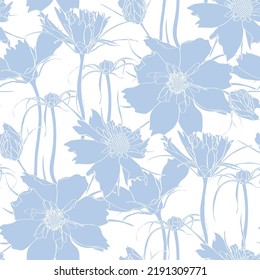 Seamless Flower Pattern Background With Line Blue Cosmos Flower And Leaf Drawing Illustration.