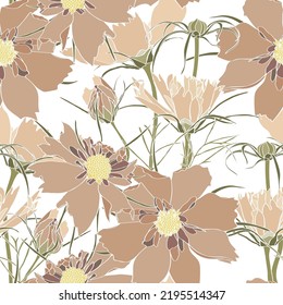 Seamless Flower Pattern Background With Line Brown Cosmos Flower And Leaf Drawing Illustration.