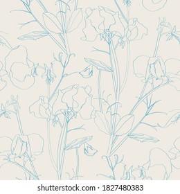 Seamless flower pattern background with Sweet pea flower and leaf, blue line drawing illustration. 