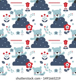 Seamless flower pattern with bears and forest elements in Scandinavian style. Vector Illustration. Kids illustration for nursery design. Great for baby clothes, greeting card, wrapper.