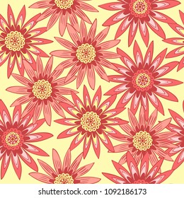 Seamless Flower Pattern. Beautiful Stylized Gerbera or Daisy. Vector Flowers in Vintage Style. African Camomile. Seamless Red Flowers for Fashion Printing, Cloth, Textile, Fabric, Paper.