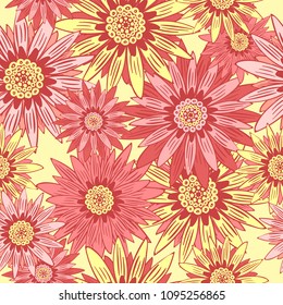 Seamless Flower Pattern. Beautiful Stylized Gerbera or Daisy. Vector Flowers in Vintage Style. African Camomile. Seamless Red Flowers for Fashion Printing, Cloth, Textile, Fabric, Paper.