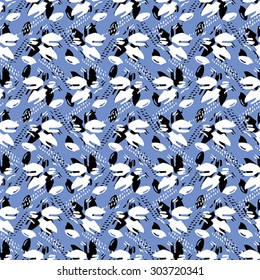 Seamless flower pattern with black and blue elements