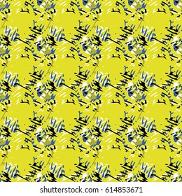 Seamless flower pattern with black, blue and white elements on yellow background