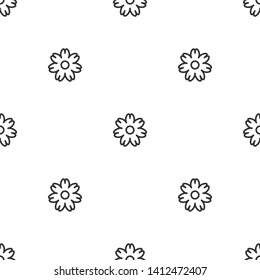 Seamless flower pattern. Black outline flat flowers on white background. Vector symmetric illustration. Nature eco wallpaper. 