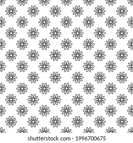 Seamless flower pattern. Black outline flat flowers on white background. Vector symmetric illustration. Nature eco wallpaper. 