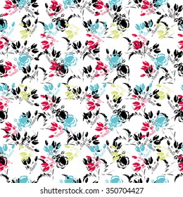 Seamless flower pattern with black, pink, yellow and blue elements on white background