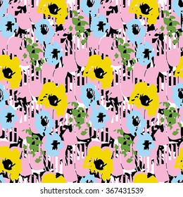 Seamless flower pattern with black, pink, blue and yellow elements
