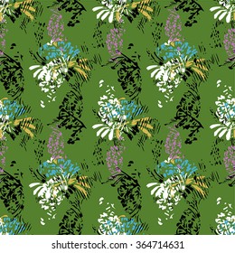 Seamless flower pattern with black, white, pink and blue elements on green background