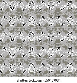 Seamless flower pattern with black and white elements on grey background