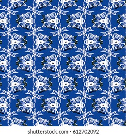 Seamless flower pattern with black and white elements on blue background