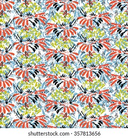 Seamless flower pattern with black, yellow, red and blue elements on white background