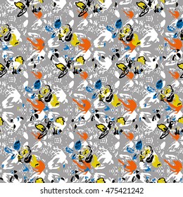 Seamless flower pattern with black, yellow, blue, orange and white elements on grey background