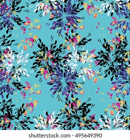 Seamless flower pattern with black, yellow, pink, lilac and white elements on blue background