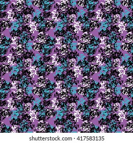 Seamless flower pattern with blue, black and white elements on lilac background