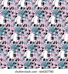 Seamless flower pattern with blue, black and white elements on pink background 
