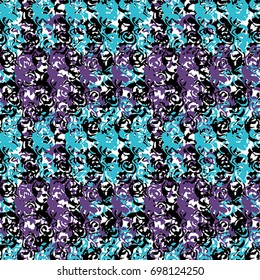 Seamless flower pattern with blue, black, lilac and white elements 