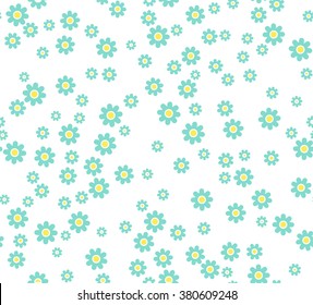 Seamless flower pattern. Blue daisies on a white background. Small cute simple spring flowers. White background. Gift Wrap. Blue Marguerite.