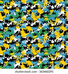 Seamless flower pattern with blue, green and yellow elements on black background