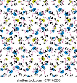Seamless flower pattern with blue, green, pink and black elements on white background 