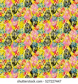 Seamless flower pattern with blue, orange, green and black elements