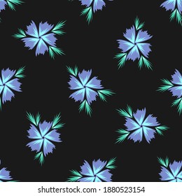 Seamless flower pattern of blue petals on black.
Vector repeating flower background for textile, fabrics, wallpaper, print, cover, backdrop, surface, banner, package design