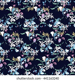 Seamless flower pattern with blue, pink, green and white elements on black background