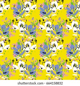 Seamless flower pattern with blue, pink, green, black and white elements on yellow background 