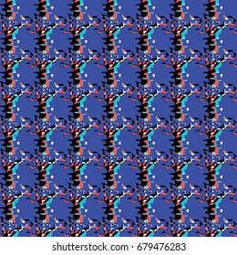 Seamless flower pattern with blue, pink and black elements