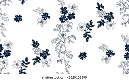 Seamless flower pattern, blue and white floral pattern with intricate designs, resembling porcelain or fabric prints