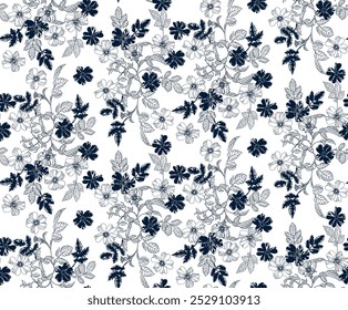 Seamless flower pattern, blue and white floral pattern with intricate designs, resembling porcelain or fabric prints