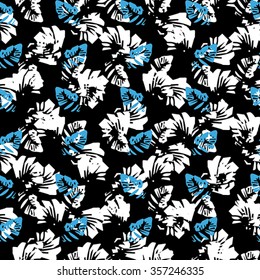 Seamless flower pattern with blue and white elements on black background