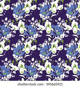 Seamless flower pattern with  blue, white and green elements on lilac background