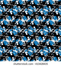 Seamless flower pattern with blue and white elements on black background