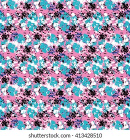 Seamless flower pattern with blue, white and black elements on pink background