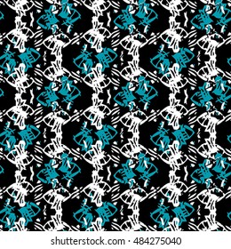 Seamless flower pattern with blue and white elements on black background