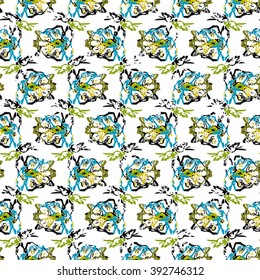 Seamless flower pattern with  blue, yellow, green and black elements 