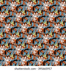 Seamless flower pattern with blue, yellow, black and white elements on brown background