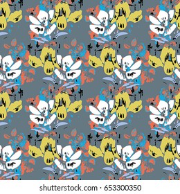 Seamless flower pattern with blue, yellow, orange, black and white elements on grey background