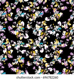 Seamless flower pattern with blue, yellow, pink and white elements on black background 