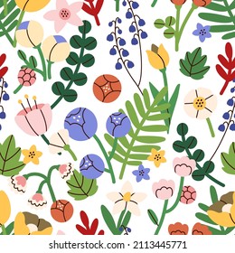 Seamless flower pattern. Bright floral background with blossoms and blooms print. Repeating texture design. Multicolored endless backdrop for decor. Colored flat vector illustration for textile