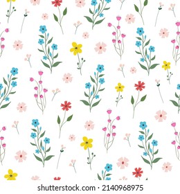 Seamless flower pattern. Bright floral background with blossoms and blooms print. Colored flat vector illustration for textile. Repeating texture design.