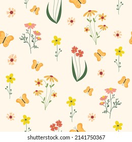 Seamless flower pattern. Bright floral background with blossoms and blooms print. Colored flat vector illustration for textile. Repeating texture design.