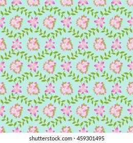 Seamless flower pattern from bright lilies and branches with leaves. A summer background from flowers. Vector illustration.